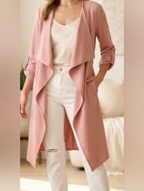 Open Front Topper Cardigan Draped Flowy Trench Light Pink Medium Fall Fashion